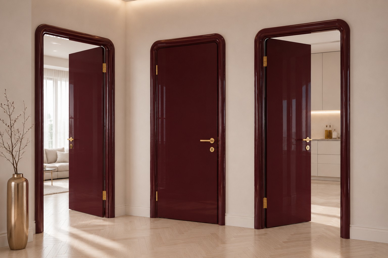 Burgundy high-gloss Door Collection doors with polished gold handles and rounded matching frames in a contemporary interior