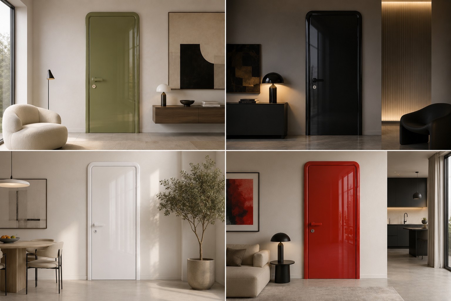 Olive, black, white and red Door Collection doors in premium modern interiors