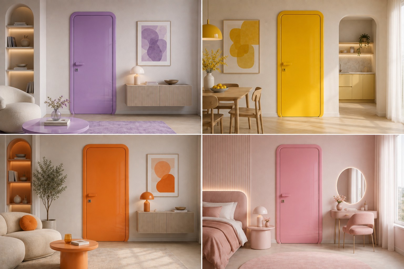 Lilac yellow orange and pink high-gloss collection doors coordinated with interior colours