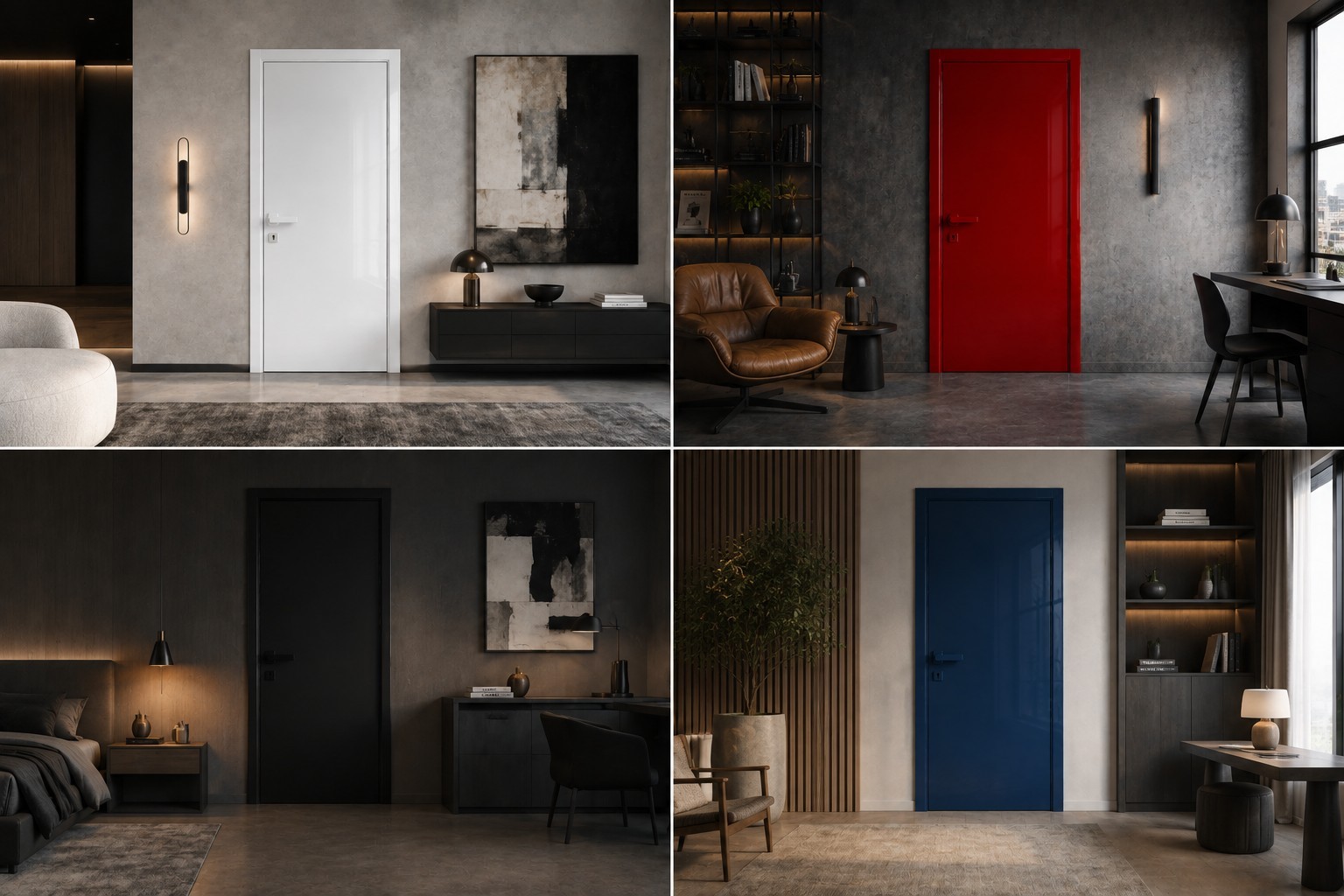 White, red, black and blue Door Collection doors in contemporary residential interiors
