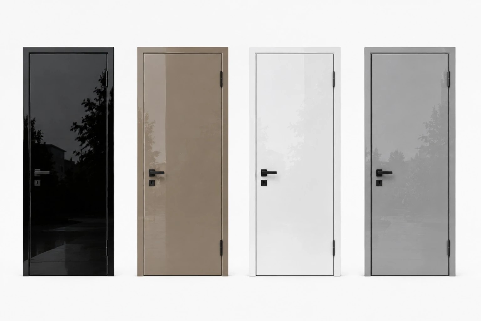 Black taupe white and grey high-gloss Door Collection doors with square architectural frames