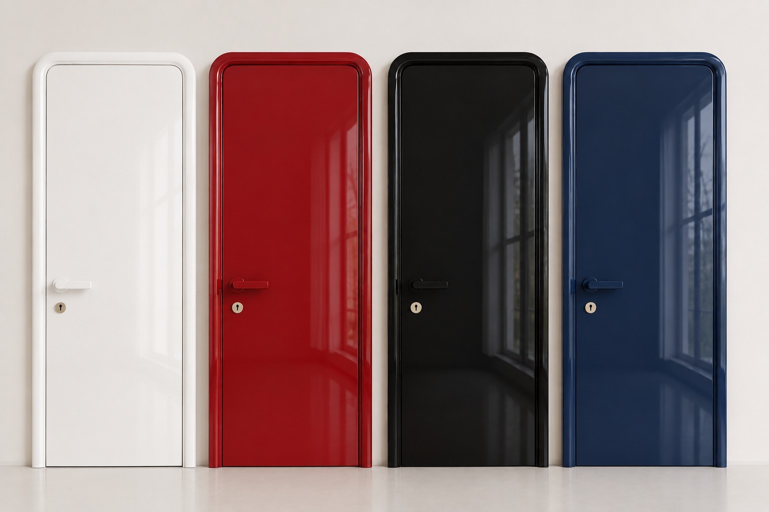 White, red, black and deep blue high-gloss Door Collection doors with rounded frames and matching handles