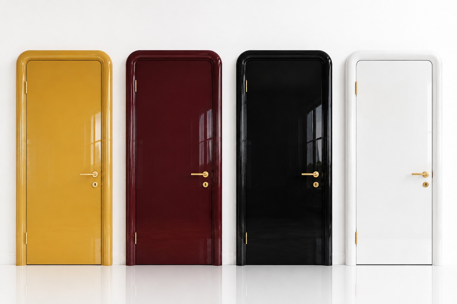 Four high-gloss Doors Dublin collection doors in yellow, burgundy, black and white
