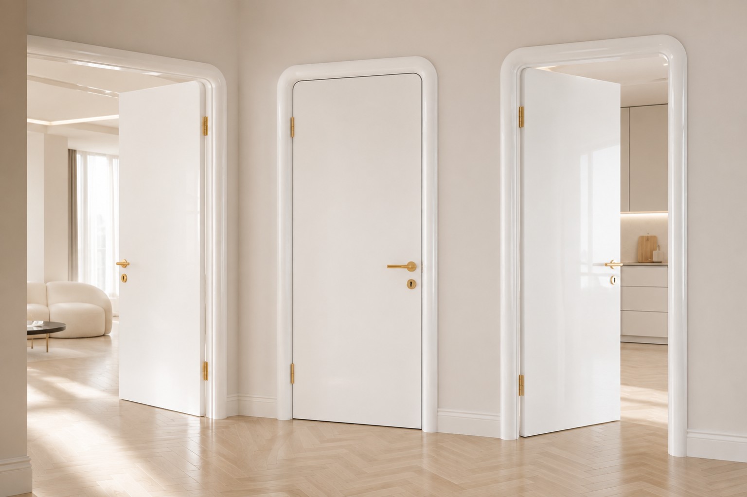 Three white high-gloss Door Collection openings showing closed and open doors with rounded matching frames