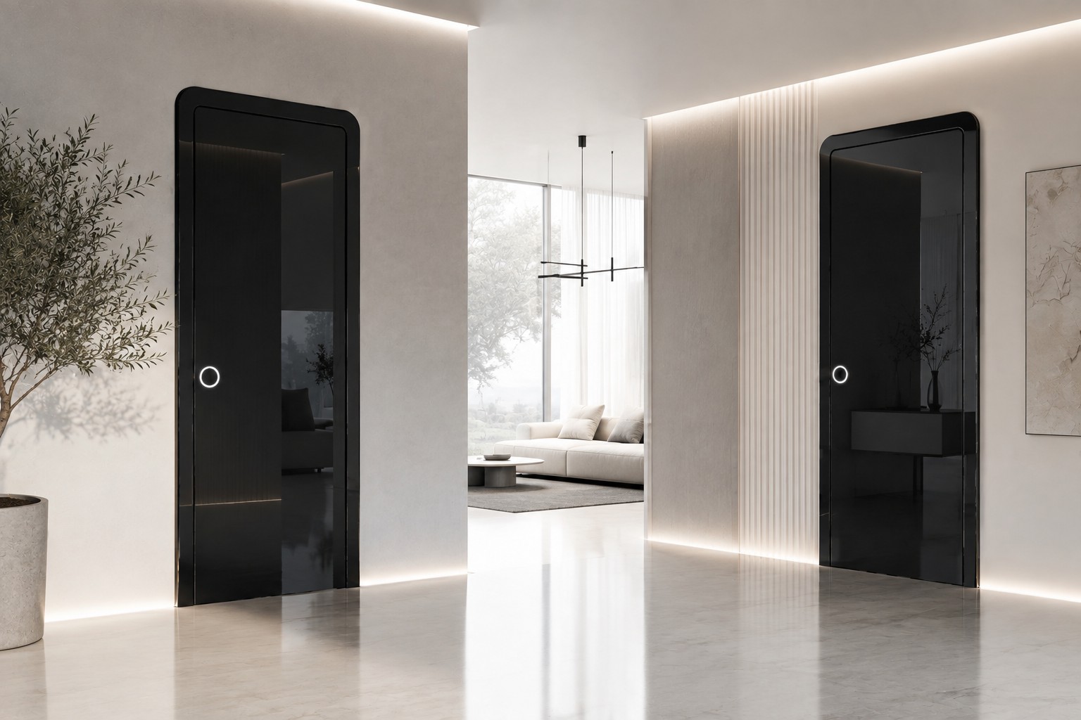 Two black high-gloss Smart Doors integrated into a minimalist architectural interior with concealed lighting