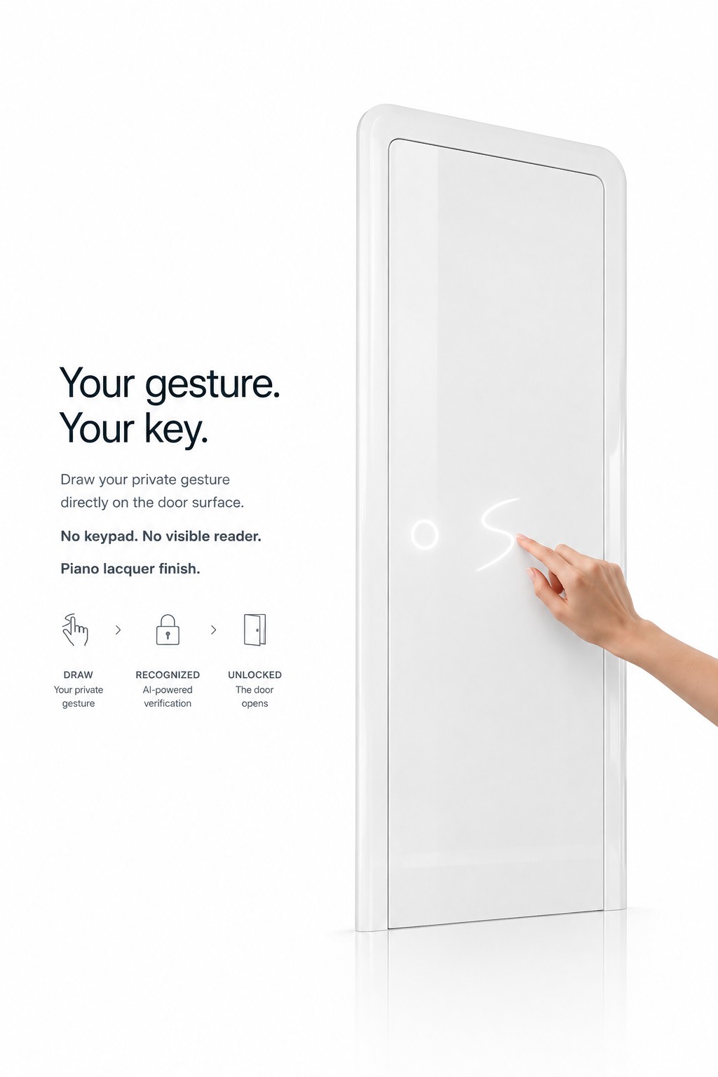 White piano-lacquer Smart Door with a private gesture drawn directly on the door surface