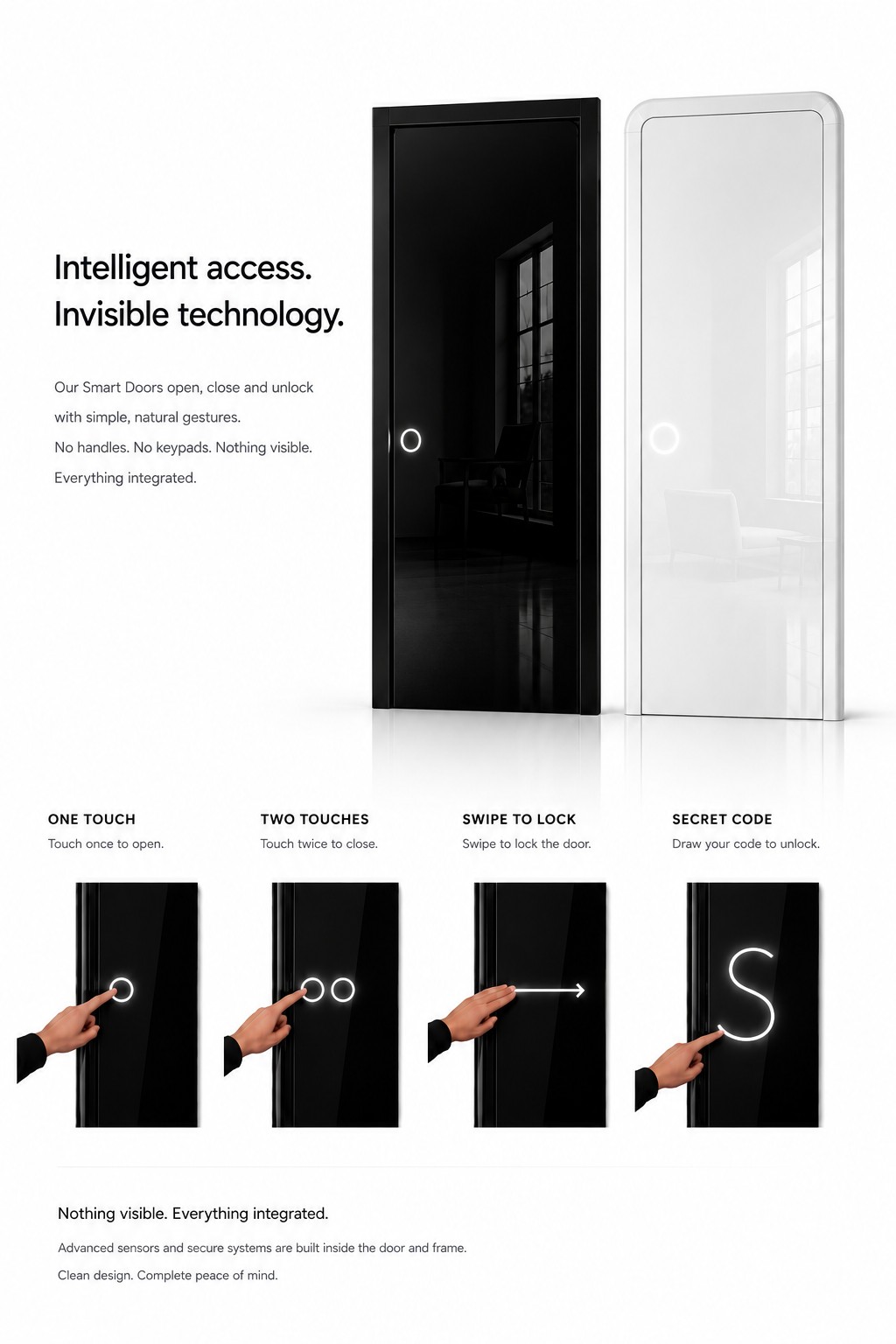 Black and white bespoke Smart Doors showing integrated touch and gesture access concepts without visible handles or keypads