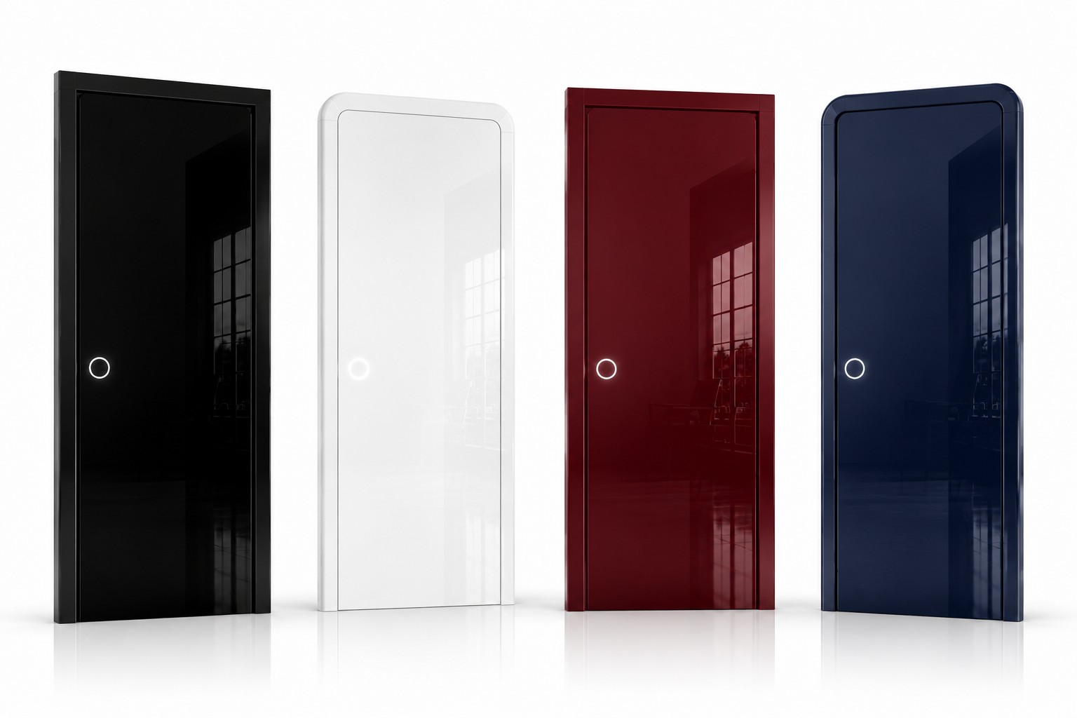 Bespoke Smart Doors showing square frame profiles on black and burgundy doors and rounded radius profiles on white and navy doors
