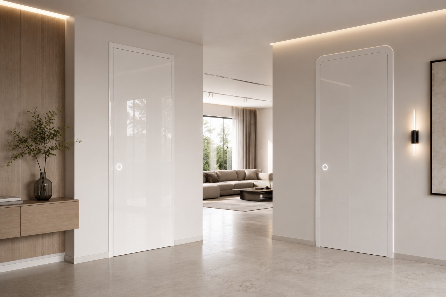White high-gloss Smart Doors with flush square and softly rounded frame profiles integrated into a contemporary interior